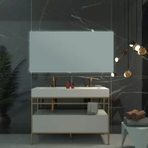 Struttura bagno con cassettone in finitura Titan White. Telaio in alluminio Oro Des.